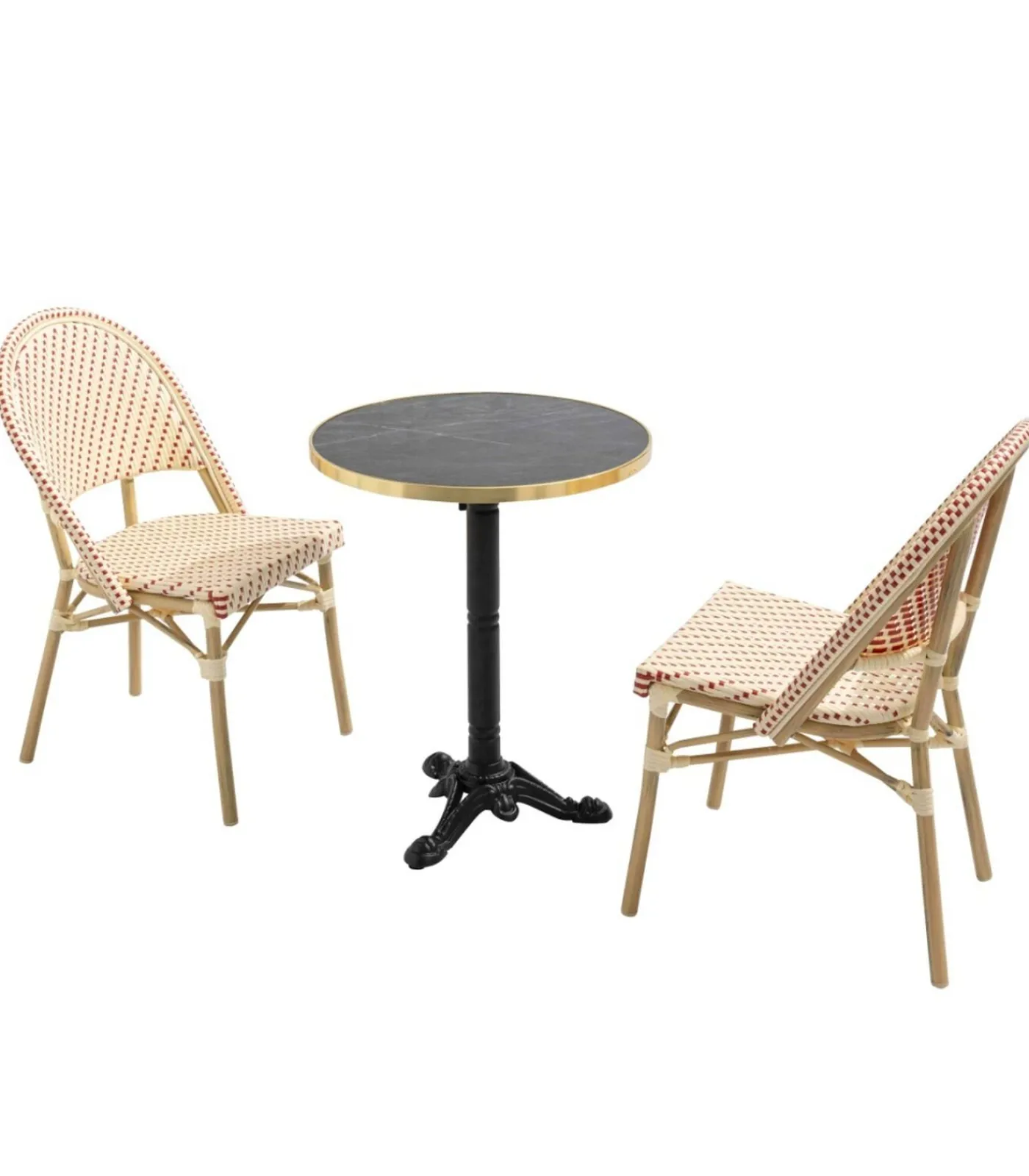 Oviala 60 cm verstelbare zwartmarmeren terrastafel en 2 rode stoelen