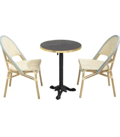 Oviala 60 cm verstelbare zwartmarmeren terrastafel en 2 blauwe stoelen