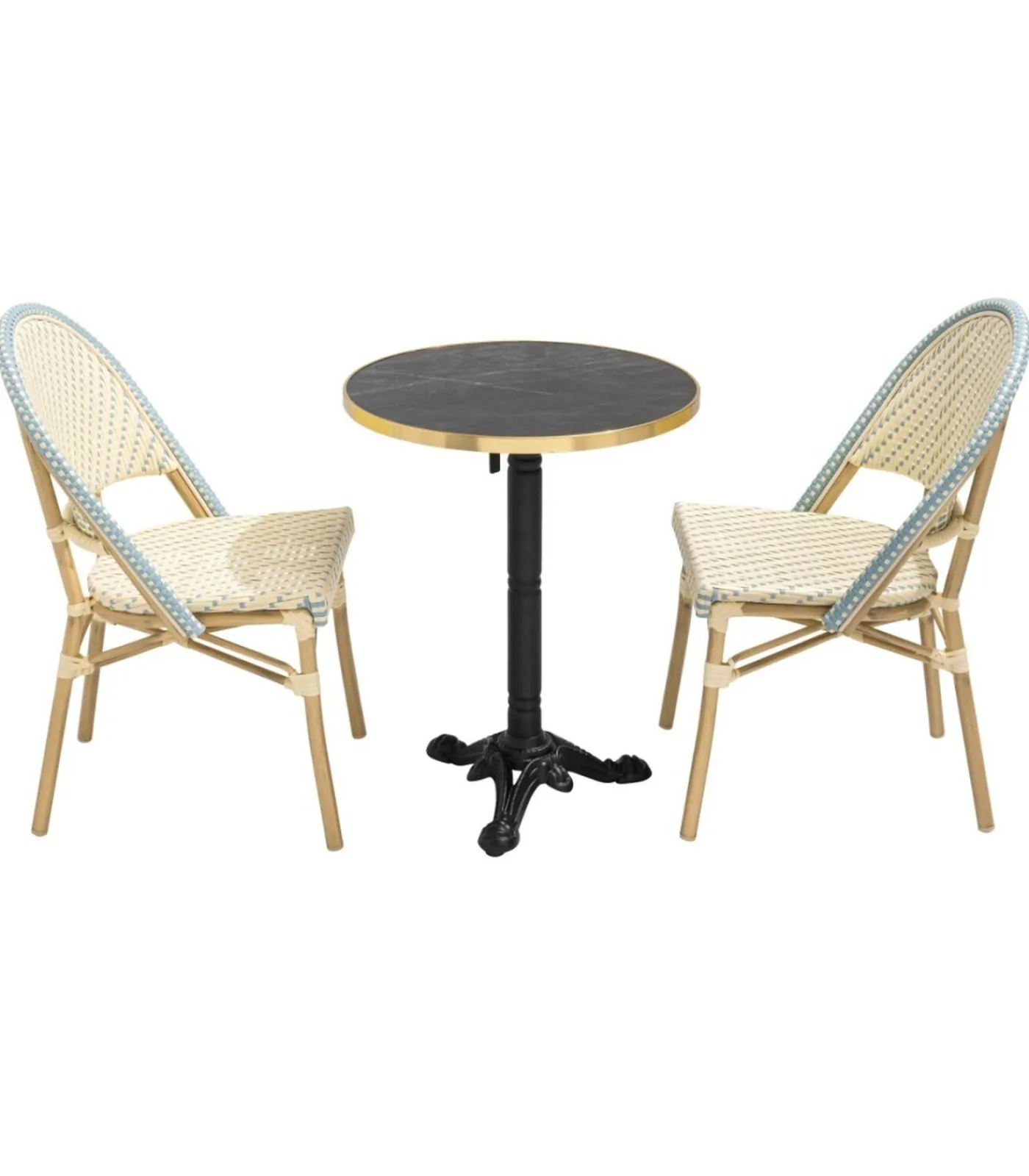 Oviala 60 cm verstelbare zwartmarmeren terrastafel en 2 blauwe stoelen