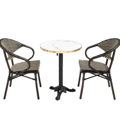 Oviala 60 cm witte marmeren verstelbare terrastafel en 2 zwarte stoelen