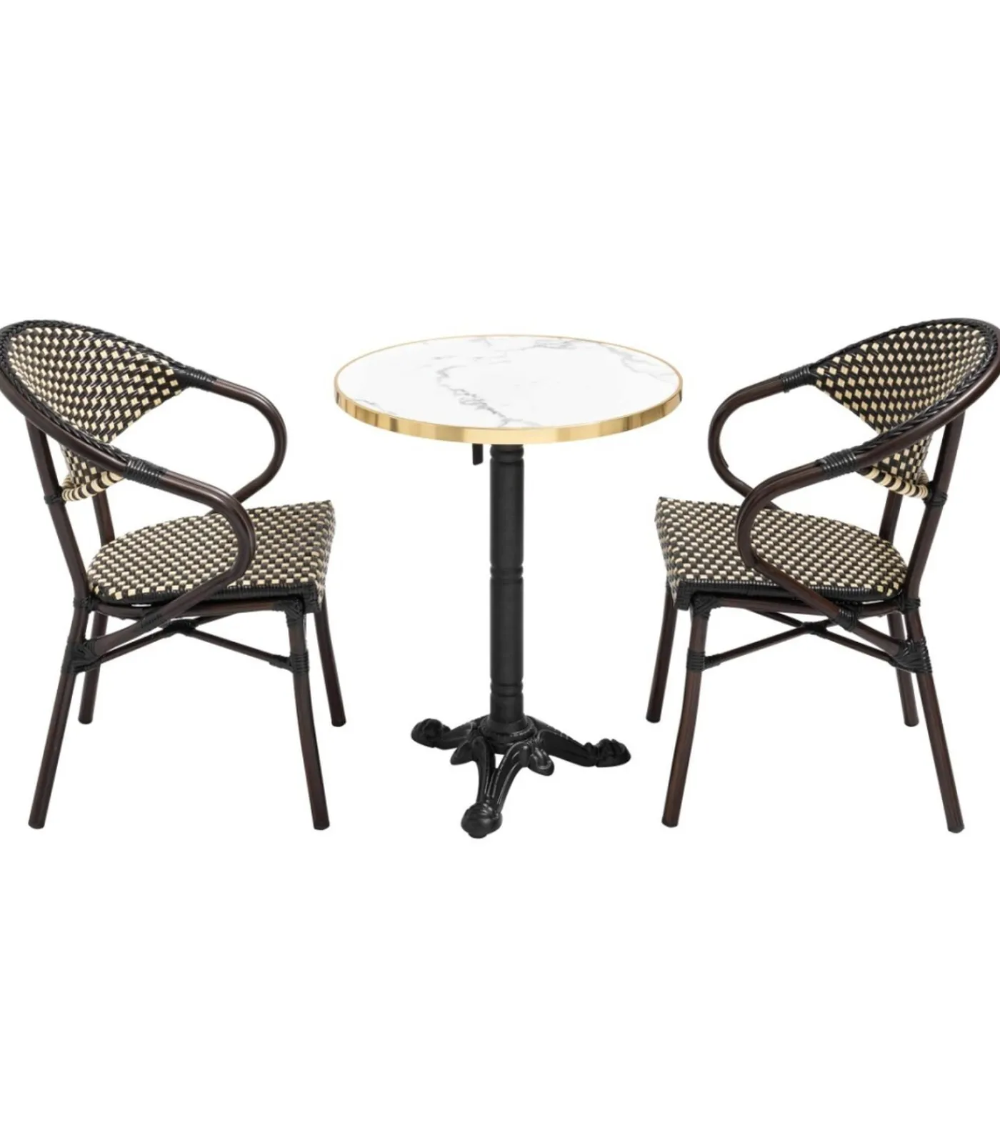 Oviala 60 cm witte marmeren verstelbare terrastafel en 2 zwarte stoelen