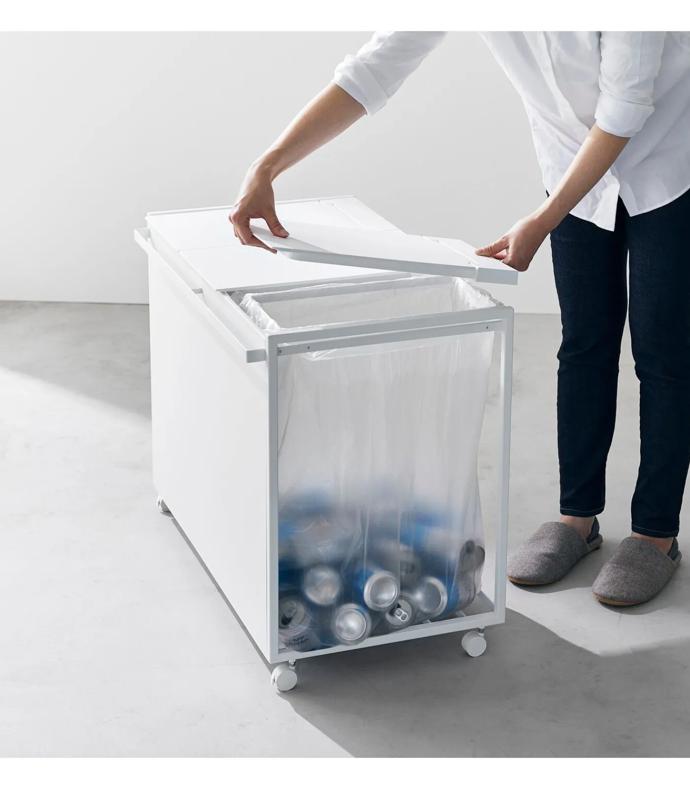 YAMAZAKI Afvalscheidingsprullenbak met wielen - 3 comp - Tower - Wit