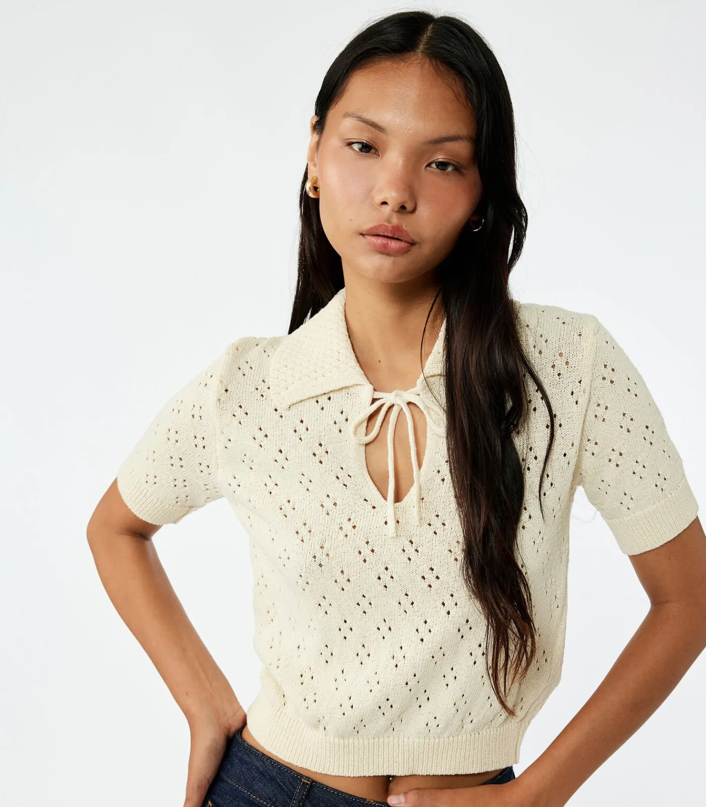 DAMES Koton Ajourtrui Korte Mouwen Met Strik