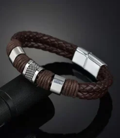 Heren TrendFox Armband Heren - Bruin Leer met Stalen Accenten