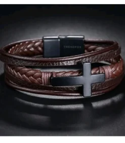 Armband Heren - Bruin Leer met Zwart Kruis - 23cm Heren Armbanden