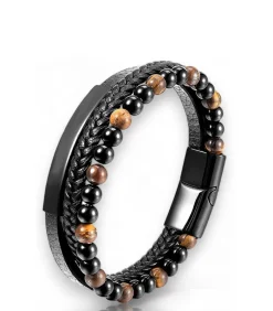 Heren TrendFox Armband Heren - Zwart Leer Met Bruine Kralen