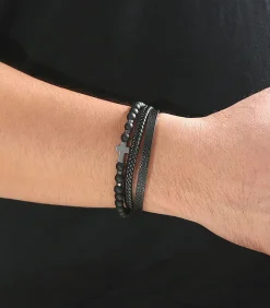 Heren TrendFox Armband Heren - Zwart Leer met Zwarte Kralen en Zilver Kleurig Kruis