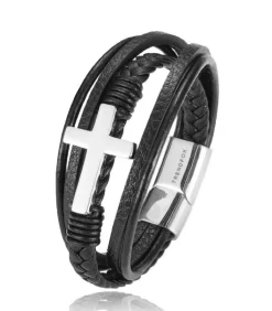 Heren TrendFox Armband Heren - Zwart Leer met Zilver Kleurig Kruis - 21cm