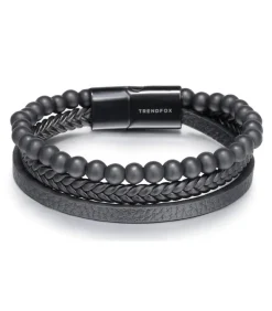 Heren TrendFox Armband Heren - Zwart Leer Met Zwarte Kralen