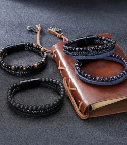Heren TrendFox Armband Heren - Zwart Leer Met Zwarte Kralen