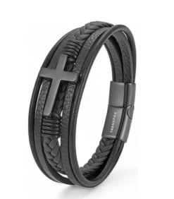 Heren TrendFox Armband Heren - Zwart Leer met Zwart Kruis - 23cm