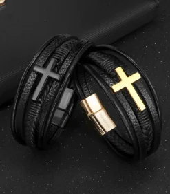 Heren TrendFox Armband Heren - Zwart Leer met Goud Kleurig Kruis - 21cm