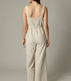 DAMES Deeluxe AYLA - Gestreepte linnen damesjumpsuit met knoopsluiting aan de voorkant