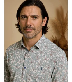 Heren J&JOY Blauw herenoverhemd met witte bloemen