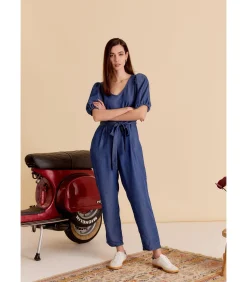 Best Blauwe jumpsuit met strik aan de taille en korte pofmouwen DAMES Jumpsuits