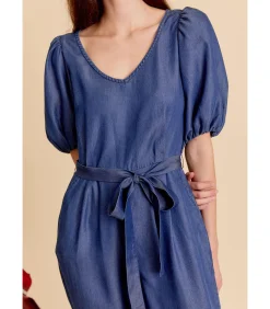 Best Blauwe jumpsuit met strik aan de taille en korte pofmouwen DAMES Jumpsuits