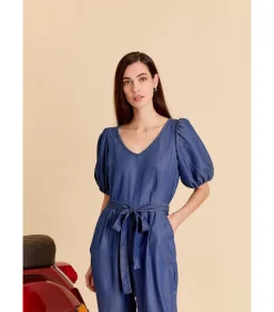Best Blauwe jumpsuit met strik aan de taille en korte pofmouwen DAMES Jumpsuits