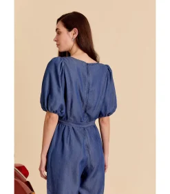 Best Blauwe jumpsuit met strik aan de taille en korte pofmouwen DAMES Jumpsuits