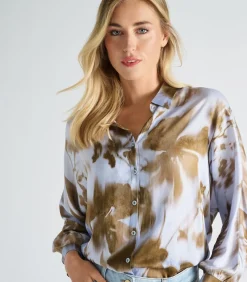 New Bloes in viscose met blauw en taupe print DAMES Overhemden & Blouses