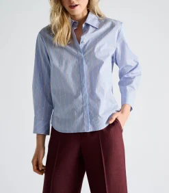 Clearance Bloes katoen licht blauw met fijne bordeaux streep DAMES Overhemden & Blouses