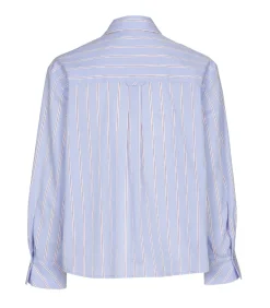 Clearance Bloes katoen licht blauw met fijne bordeaux streep DAMES Overhemden & Blouses