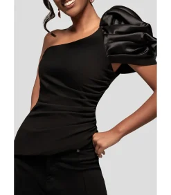DAMES Goddiva Blouse Met Korte Mouwen “One Shoulder Puffed Satin Sleeve Asymmetric Scuba Top”