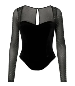 DAMES Goddiva Blouse Met Lange Mouwen “Diamante Long Sleeve Velvet Dipped Hem Top”