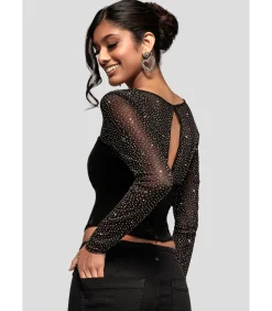 DAMES Goddiva Blouse Met Lange Mouwen “Diamante Long Sleeve Velvet Dipped Hem Top”