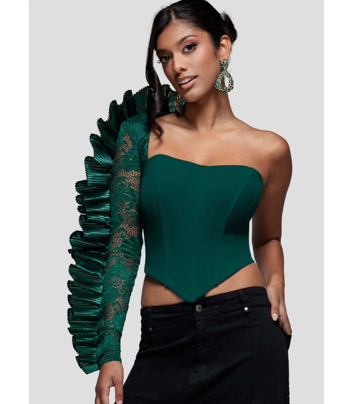 DAMES Goddiva Blouse Met Lange Mouwen “One Shoulder Fan Pleat Frill Corset Top”