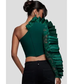DAMES Goddiva Blouse Met Lange Mouwen “One Shoulder Fan Pleat Frill Corset Top”