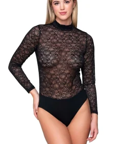 DAMES LUNA Body van kant met lange mouwen en opstaande kraag MICRO