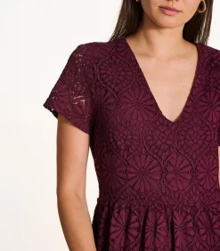 DAMES La Fée Maraboutée Bordeaux midi-jurk van kant met korte mouwen