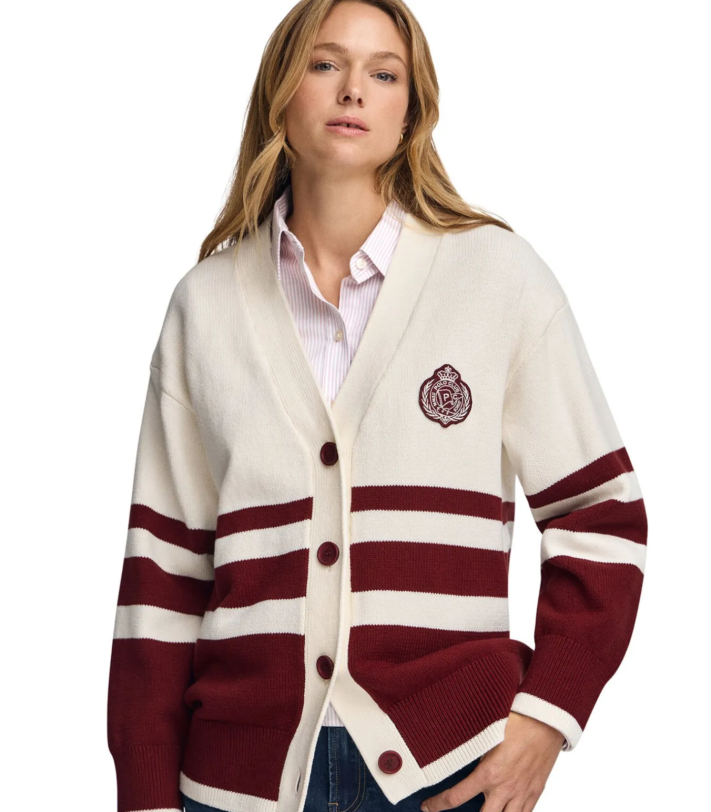 Bordeauxrode cardigan met V-hals, knopen en nautische -patch DAMES Truien & Cardigans