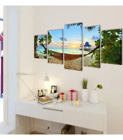 vidaXL Canvas muurdruk set zandstrand met hangmat 100 x 50 cm