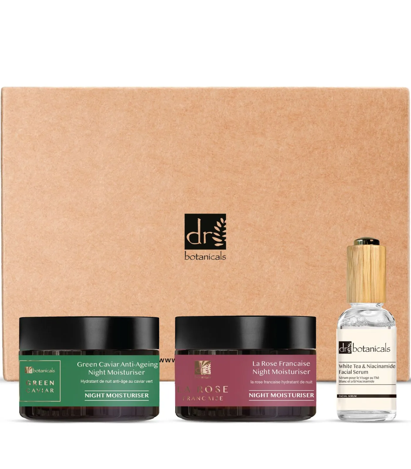 Dr Botanicals DB Groene Kaviaar & Argan Olie Nachtmoisturiser, Licht Serum en La Rose Française - Nachtmoisturiser