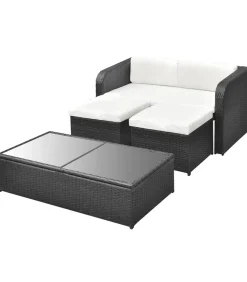 Outlet 4-delige Loungeset met kussens poly rattan zwart Tuinmeubelen