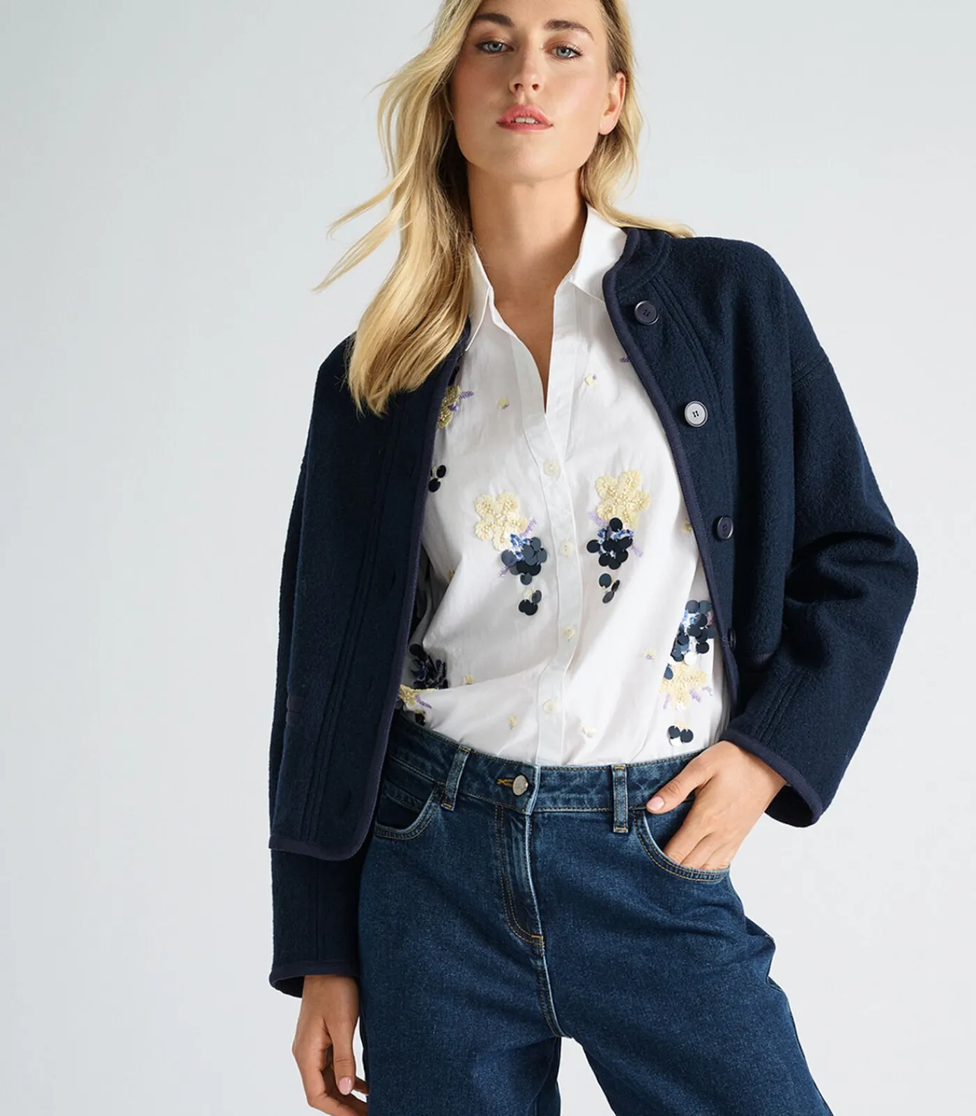 DAMES Marie Méro Donkerblauw jasje in vervilte wol