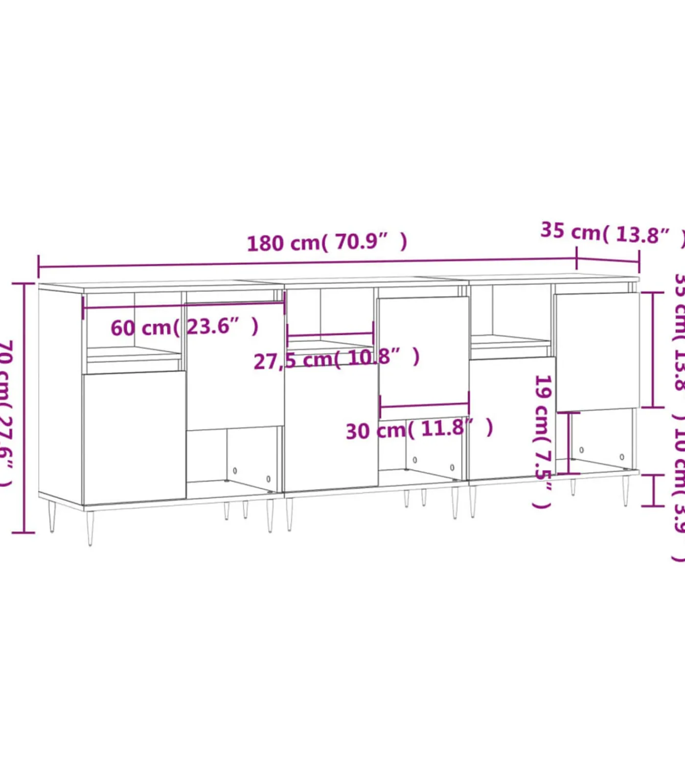 vidaXL Dressoirs 3 st bewerkt hout grijs sonoma eikenkleurig