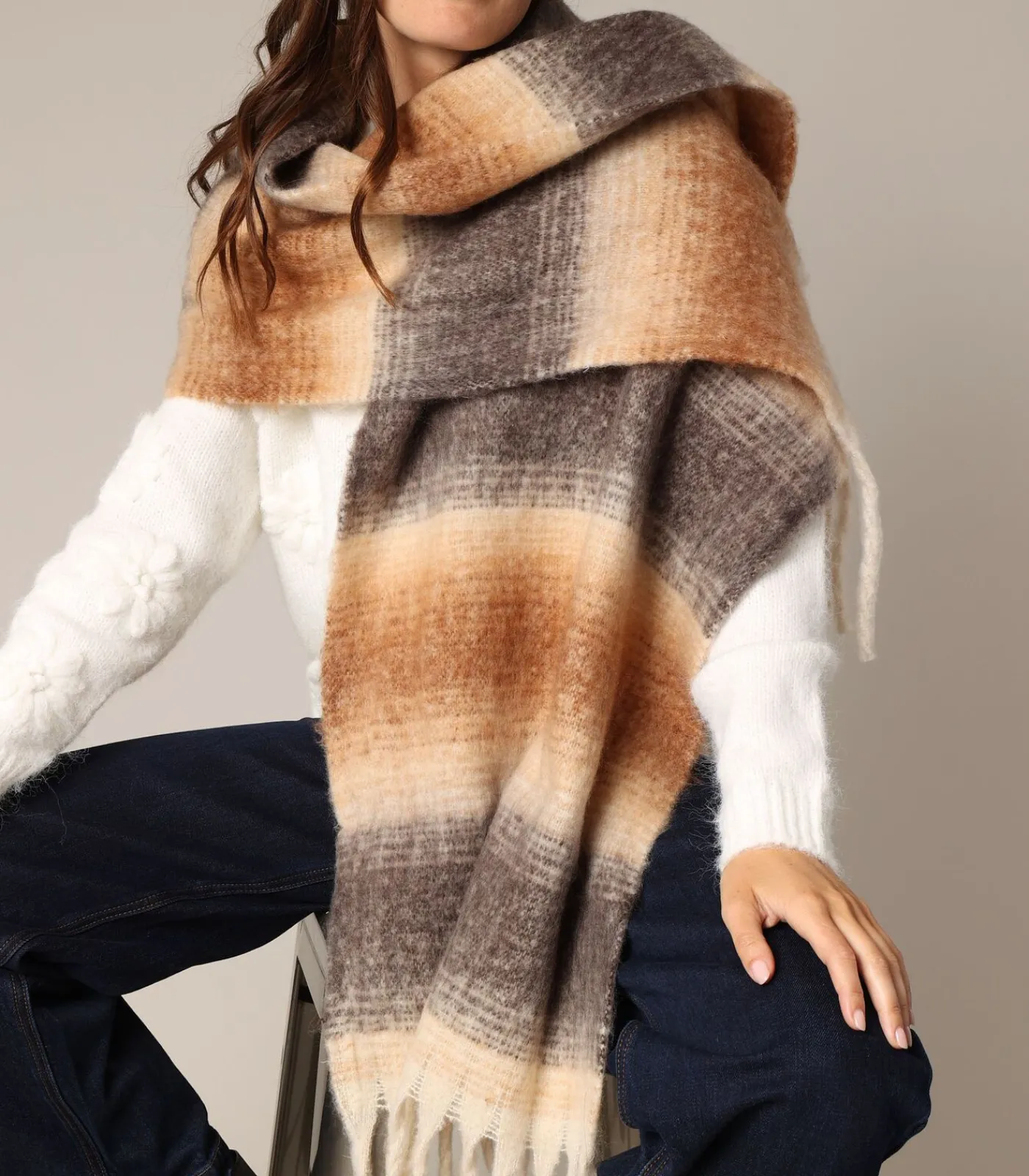 Discount ELSANA - Grote geruite sjaal met gradiënteffect en lange franjes DAMES Sjaals