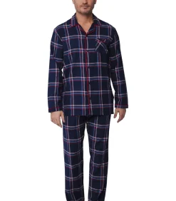 Online Flanellen Heren Pyjama met knoopsluiting - Donkerblauw - Maat S Heren Pyjama's