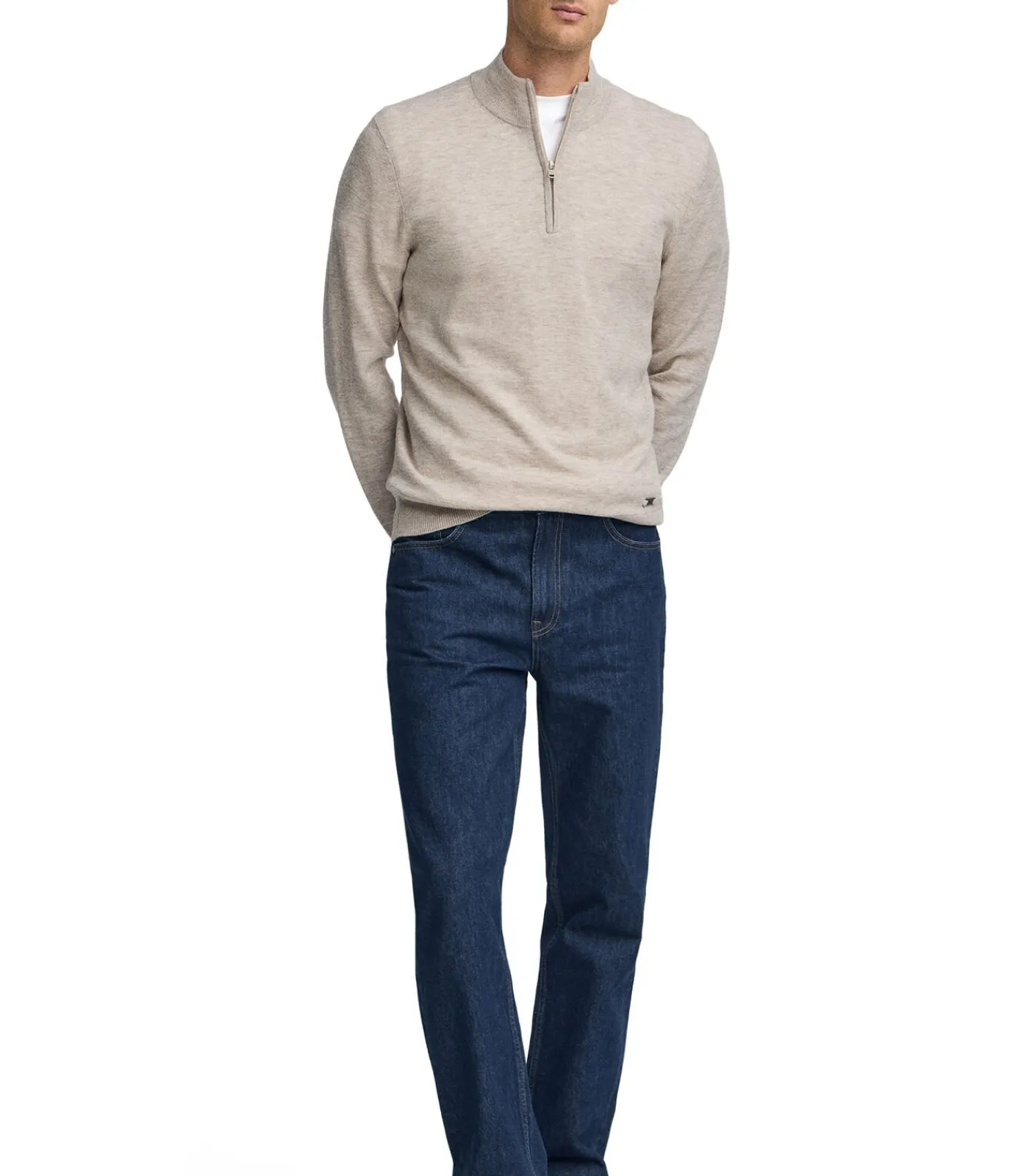 Discount Gemêleerd beige trui van merinowol met halve rits Heren Truien & Cardigans