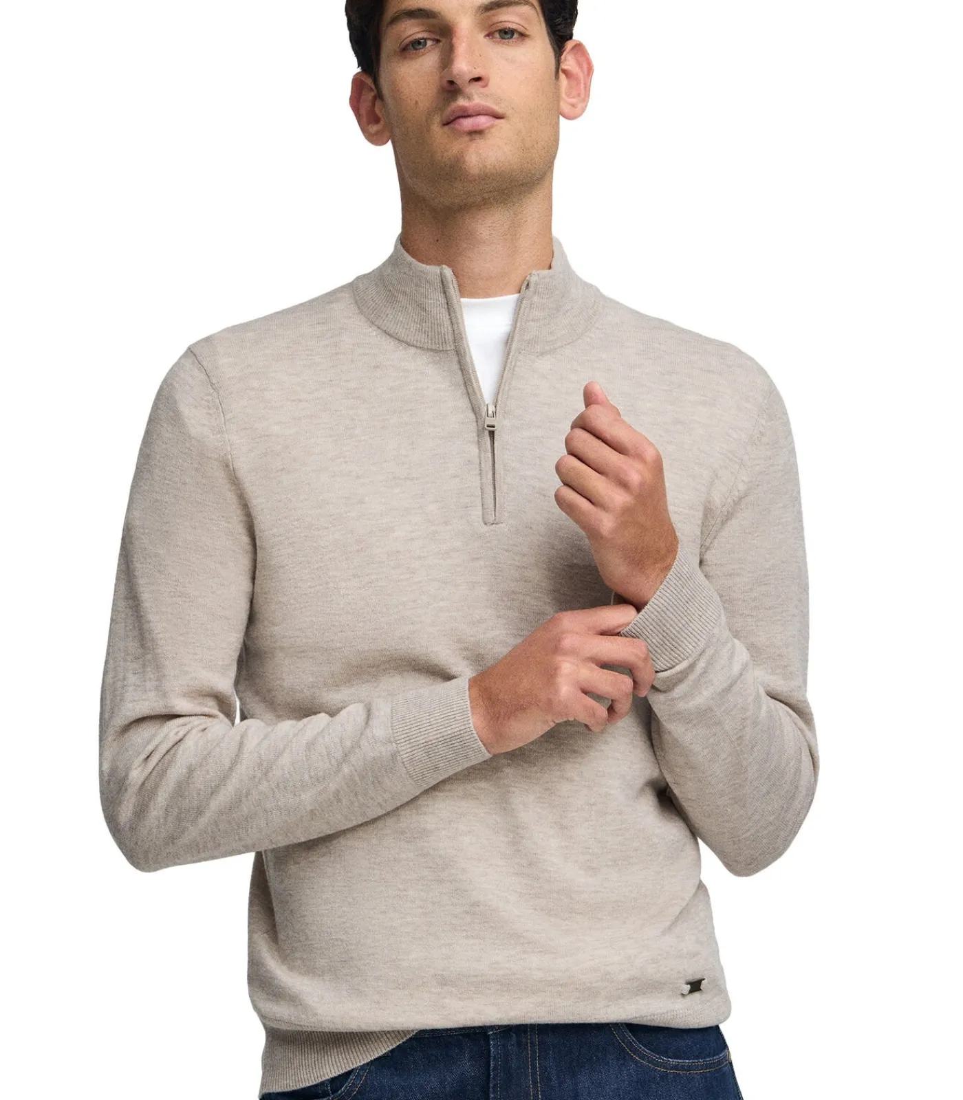 Discount Gemêleerd beige trui van merinowol met halve rits Heren Truien & Cardigans
