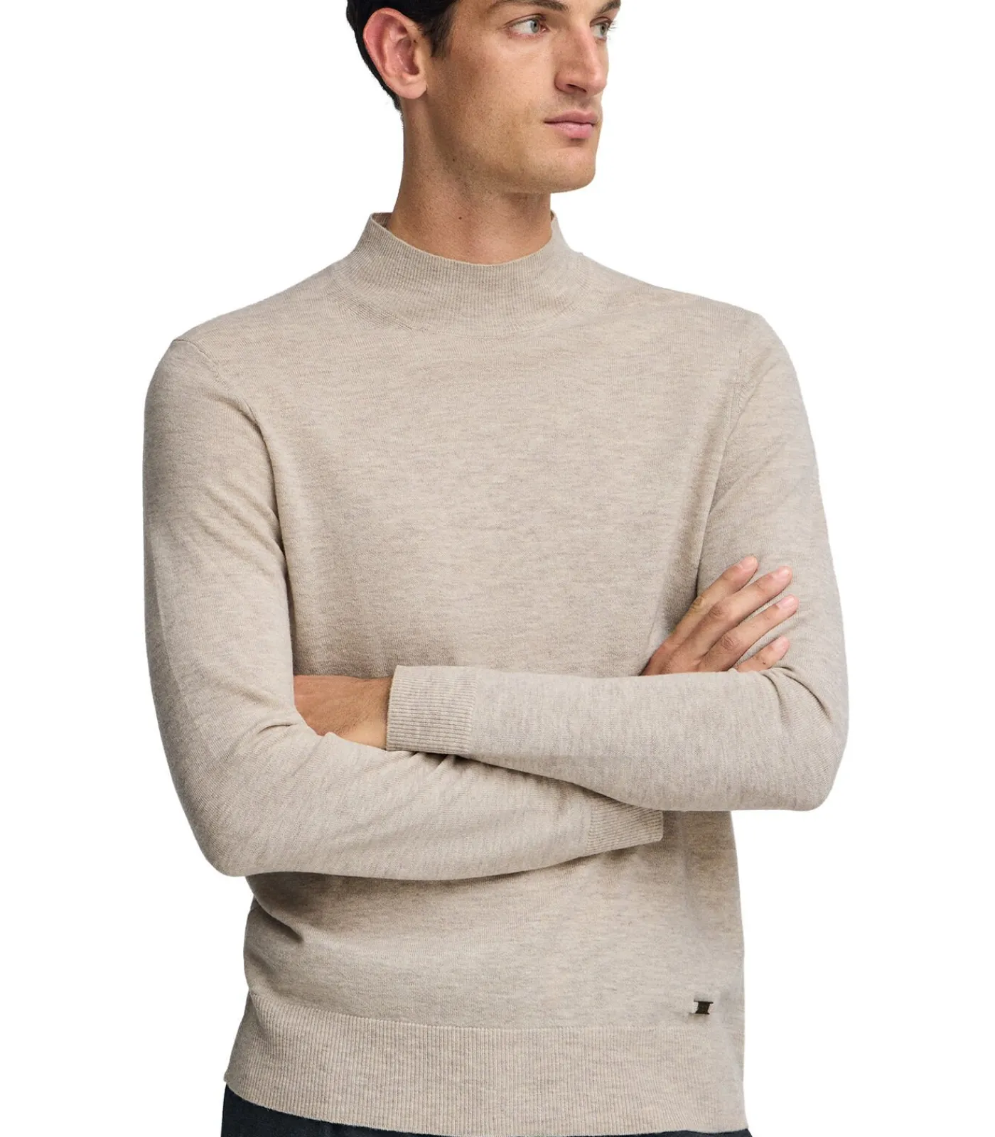 Heren Polo Club Gemêleerd beige trui van merinowol met Perkins-kraag