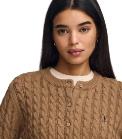 Outlet Gemêleerd camelkleurige kabelgebreide cardigan met geborduurd Rigby Go-logo DAMES Truien & Cardigans