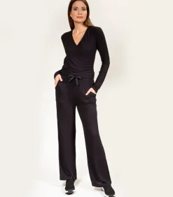 DAMES ISOTONER Geribd wikkeltruitje voor dames Zwart