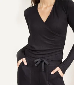 DAMES ISOTONER Geribd wikkeltruitje voor dames Zwart