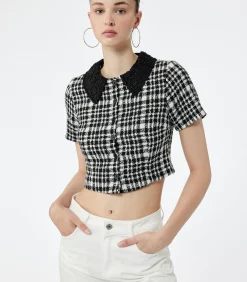 DAMES Koton Geruit Crop Blouse Korte Mouwen met Bebe Kraag