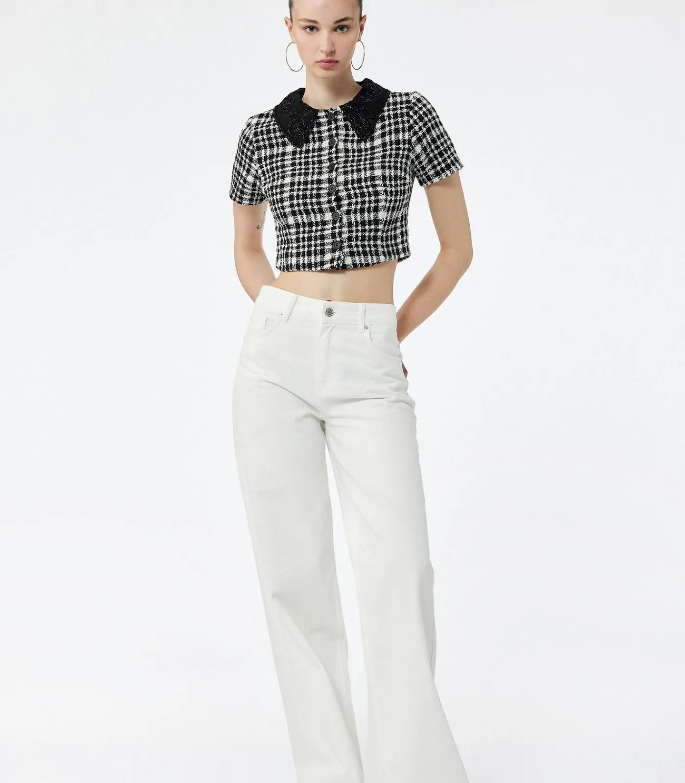 DAMES Koton Geruit Crop Blouse Korte Mouwen met Bebe Kraag