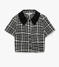 DAMES Koton Geruit Crop Blouse Korte Mouwen met Bebe Kraag