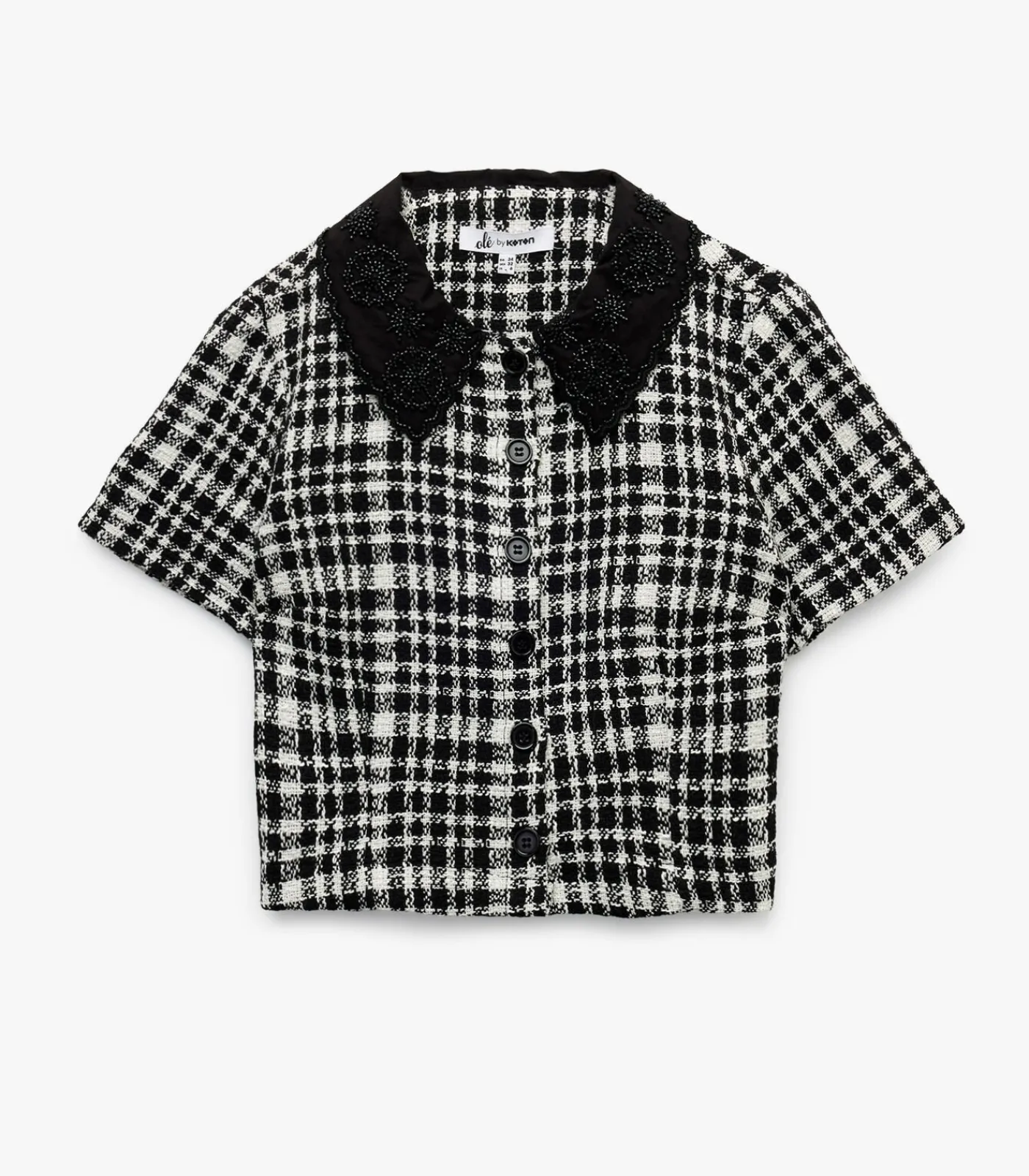 DAMES Koton Geruit Crop Blouse Korte Mouwen met Bebe Kraag